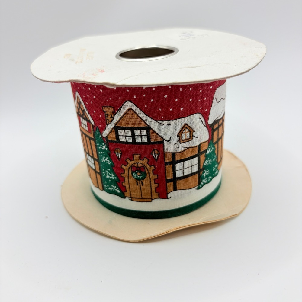 Lion Ribbon Village Christmas Red Winter Scene Fabric Ribbon 2.5" Vintage Spool